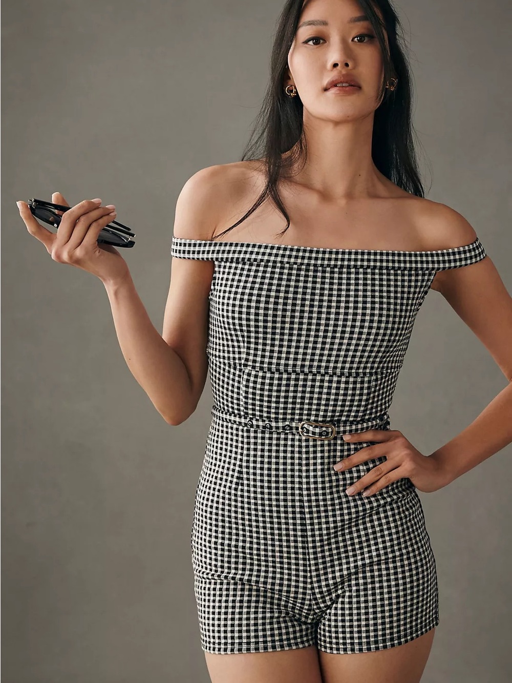 Maeve Off-The-Shoulder Gingham Belted Romper Size 4 Black White Old Money Preppy